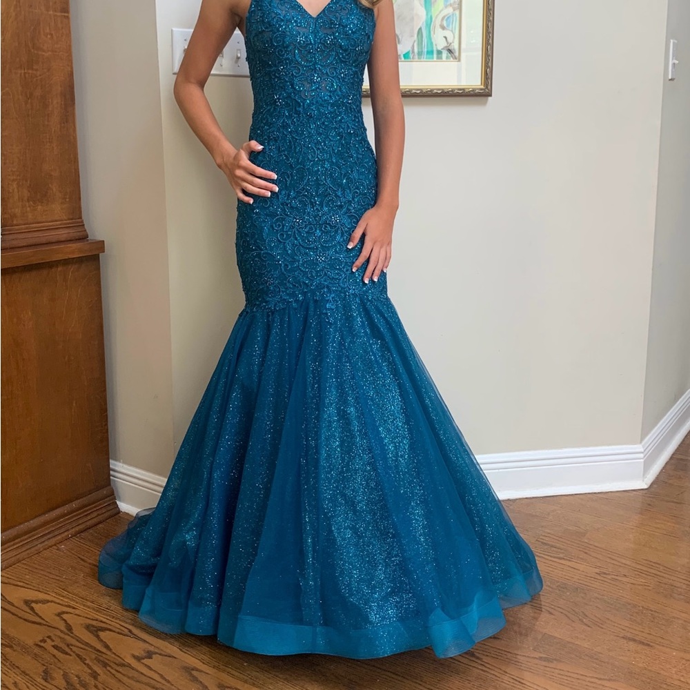 ellie wilde Teal Beaded Mermaid Prom Gown